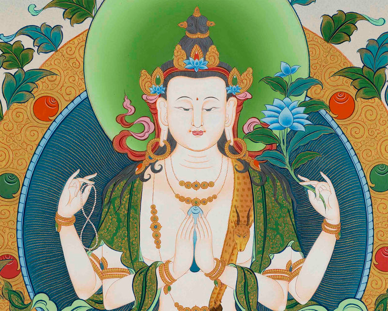 Original 4 Armed Chengrezig Thangka Painting | Handmade in Nepal