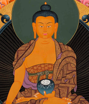 Original Shakyamuni Buddha Thangka with Five Buddhas at the Top | Perfect For Your Meditation Altar |