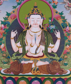 4 Armed Chengrezig Thangka Flanked By Other Bodhisattva | Traditional Wall Decor