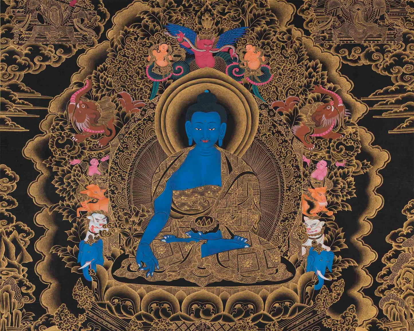 Black and Gold Style Medicine Buddha Thangka | Healing Buddha |