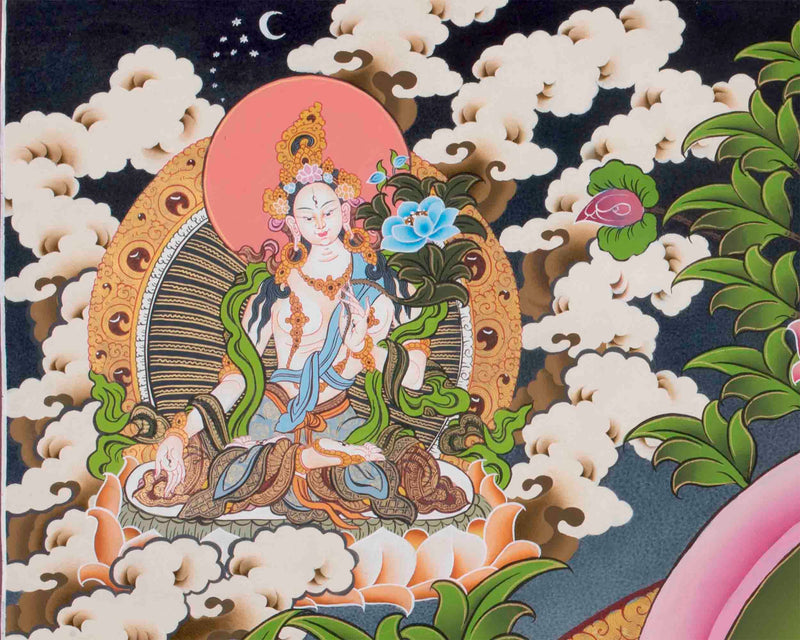 Large Size 4 Armed Chenrezig Thangka Painting with White Tara, Green Tara