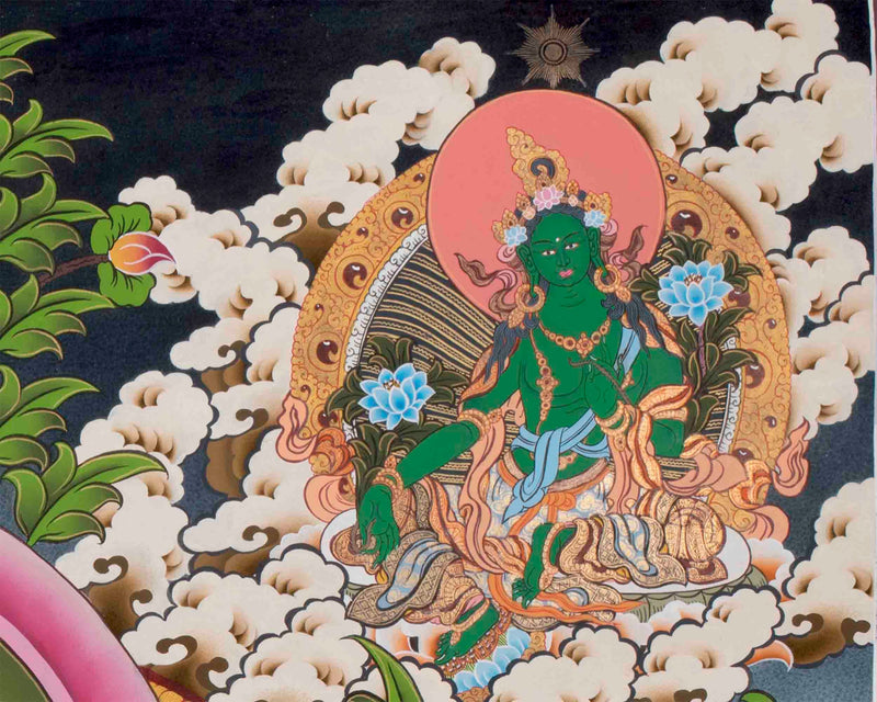 Large Size 4 Armed Chenrezig Thangka Painting with White Tara, Green Tara