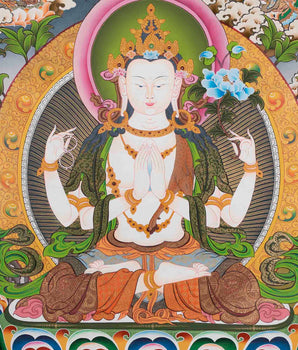 Large Size 4 Armed Chenrezig Thangka Painting with White Tara, Green Tara