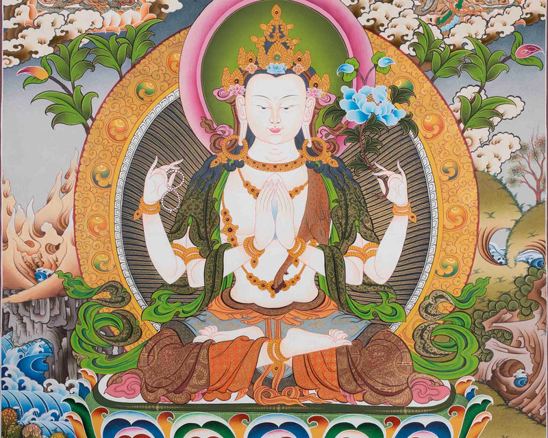 Large Size 4 Armed Chenrezig Thangka Painting with White Tara, Green Tara