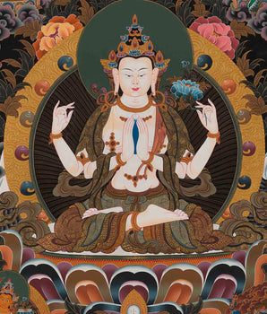 Original 4 Armed Chenrezig Thangka | Surrounded by Green Tara, White Tara, Manjushri, Amitabha Buddha, and Vajrapani |