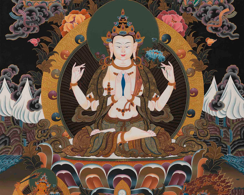 Original 4 Armed Chenrezig Thangka | Surrounded by Green Tara, White Tara, Manjushri, Amitabha Buddha, and Vajrapani |