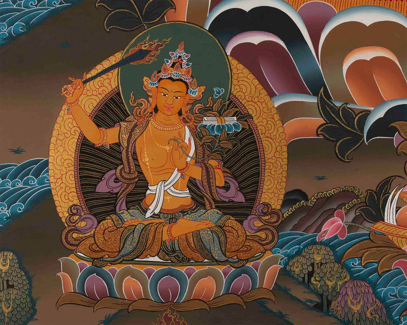 Original 4 Armed Chenrezig Thangka | Surrounded by Green Tara, White Tara, Manjushri, Amitabha Buddha, and Vajrapani |