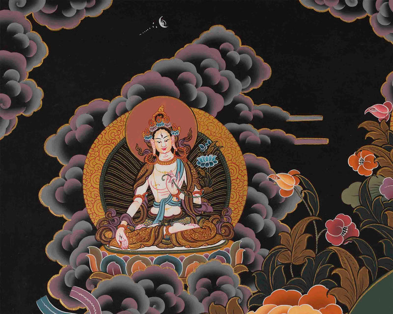 Original 4 Armed Chenrezig Thangka | Surrounded by Green Tara, White Tara, Manjushri, Amitabha Buddha, and Vajrapani |