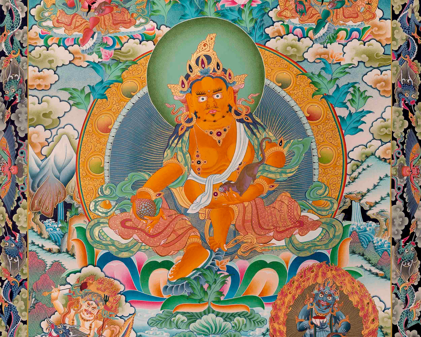 High-Quality Big Five Dzambala Thangka Painting | Tibetan Kubera Thangka | God of Wealth |