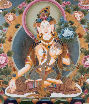 Big White Tara Thangka | Surrounded by Amitayus, Tsongkhapa, Shakyamuni, Guru Rinpoche |
