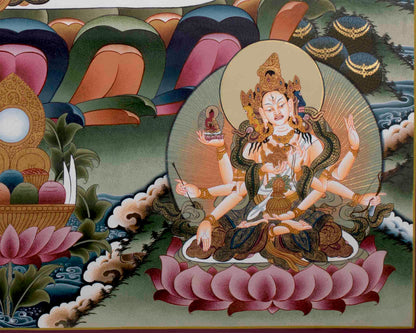 Big White Tara Thangka | Surrounded by Amitayus, Tsongkhapa, Shakyamuni, Guru Rinpoche |