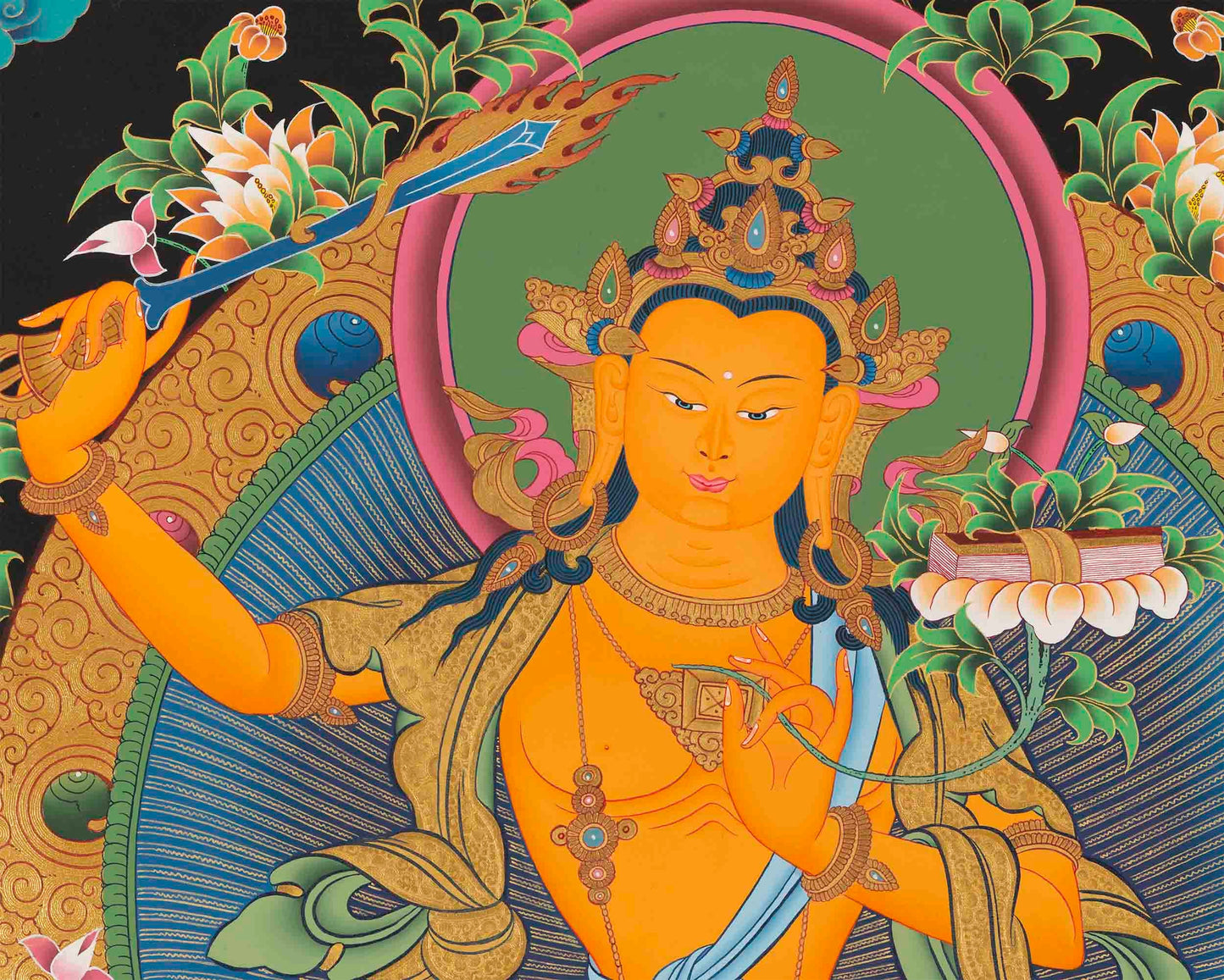 Original Hand-Painted Manjushri Thangka with Amitabha Buddha, Chengrezig and Vajrapani | Bodhisattva of Compassion and Wisdom |