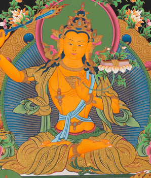 Original Hand-Painted Manjushri Thangka with Amitabha Buddha, Chengrezig and Vajrapani | Bodhisattva of Compassion and Wisdom |