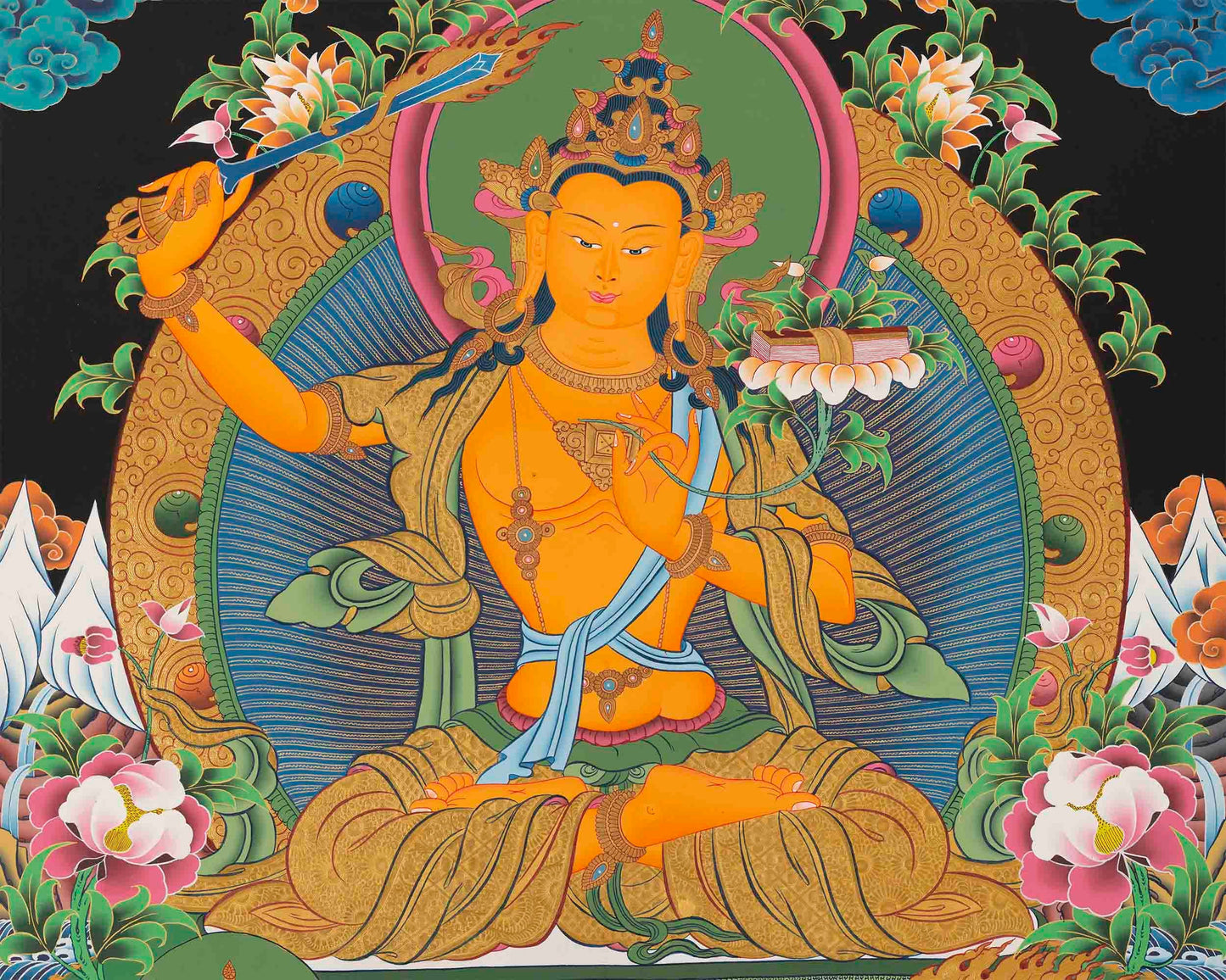 Original Hand-Painted Manjushri Thangka with Amitabha Buddha, Chengrezig and Vajrapani | Bodhisattva of Compassion and Wisdom |