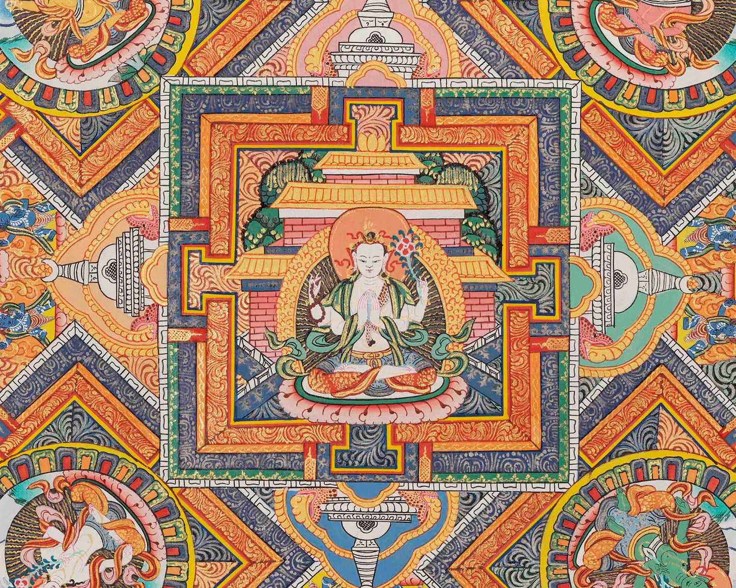 Big 4 Armed Chenrezig Mandala Thangka | Surrounded by Bodhisattvas