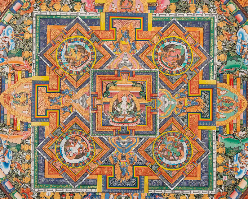 Big 4 Armed Chenrezig Mandala Thangka | Surrounded by Bodhisattvas