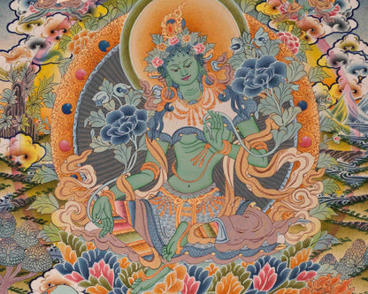 Green Goddess of Compassion with Five Bodhisattva | Green Tara Thanka