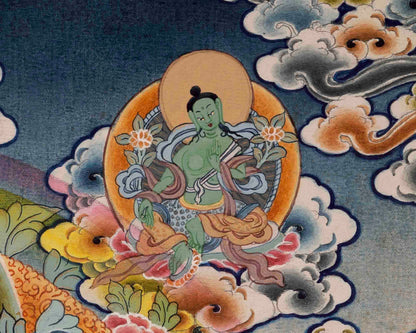 Green Goddess of Compassion with Five Bodhisattva | Green Tara Thanka