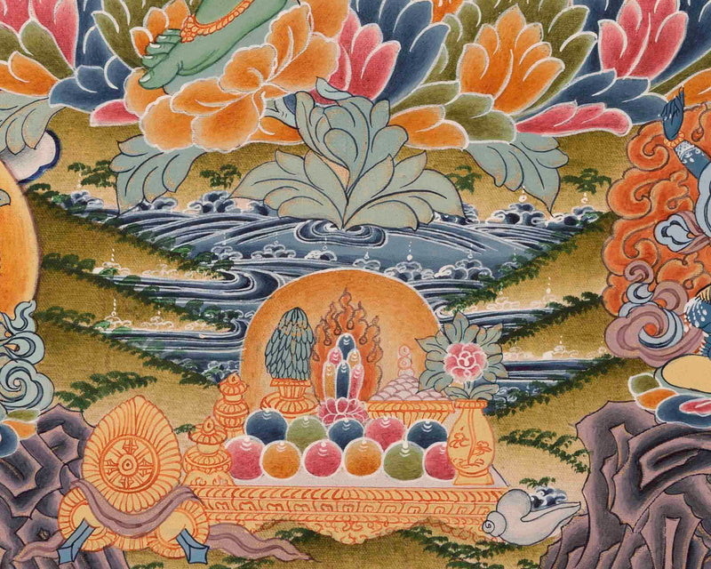 Green Goddess of Compassion with Five Bodhisattva | Green Tara Thanka