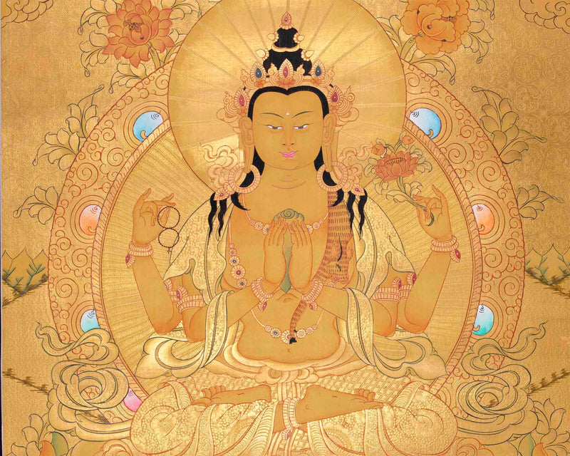 Full Gold Style Chengrezig Thangka | Tibetan Buddhist Artwork