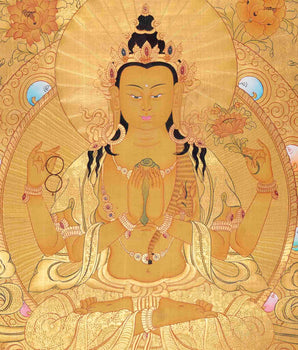 Full Gold Style Chengrezig Thangka | Tibetan Buddhist Artwork