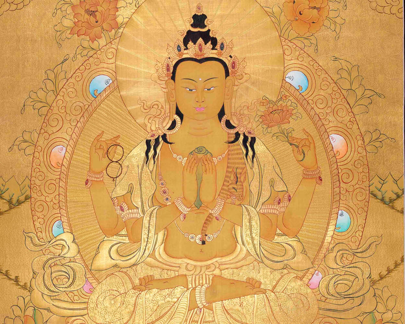 Full Gold Style Chengrezig Thangka | Tibetan Buddhist Artwork