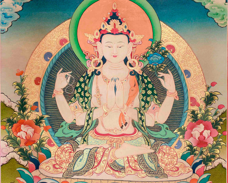 Original Hand-Painted Four Armed Chengrezig Thangka | Bodhisattva of Compassion |