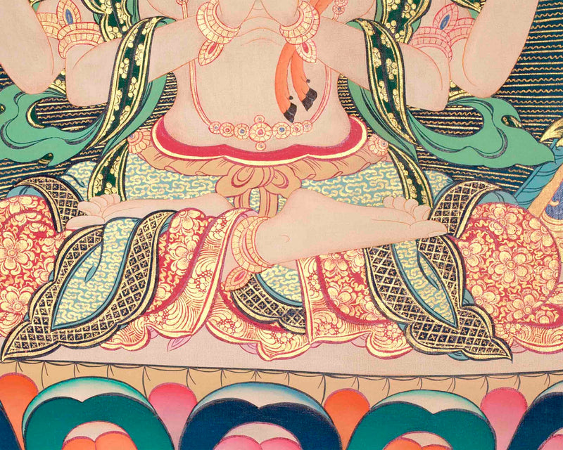 Original Hand-Painted Four Armed Chengrezig Thangka | Bodhisattva of Compassion |