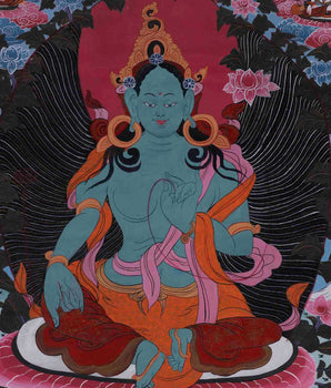 30+ Year Big Size Green Tara Thangka Surrounded By Boddhisattvas | Wall Decor Painting