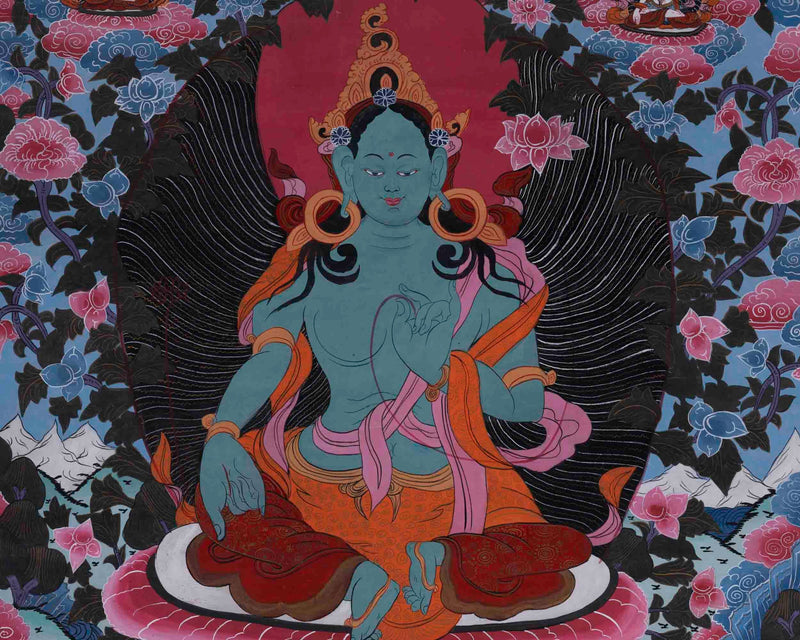 30+ Year Big Size Green Tara Thangka Surrounded By Boddhisattvas | Wall Decor Painting