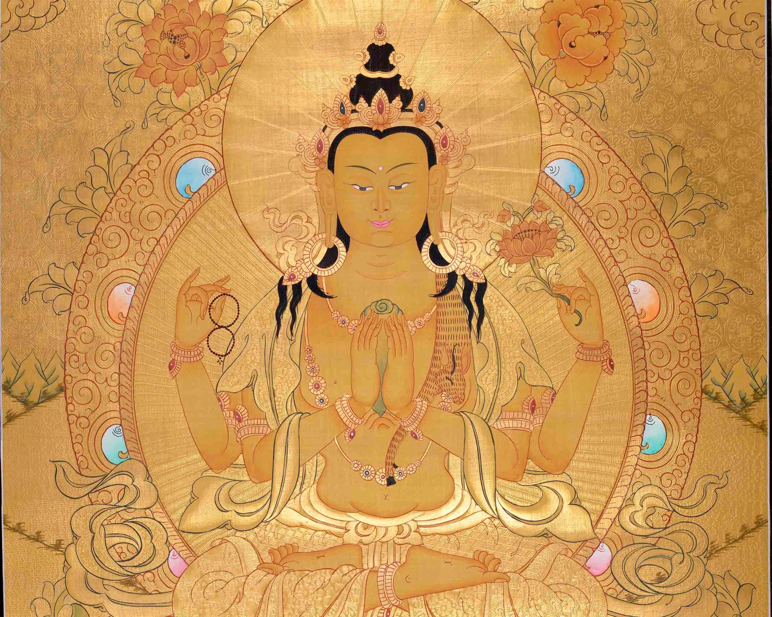 Full Gold Style Chengrezig Thangka | Tibetan Buddhist Artwork