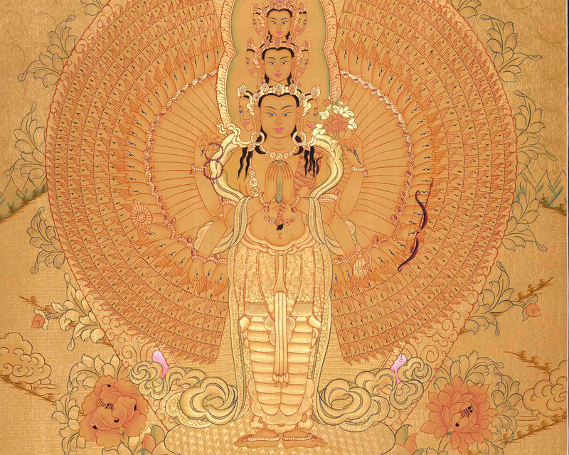 Genuine 24K Full Gold Lokeshvara Thangka Painting | 1000 Armed Avalokiteshvara | Tibetan Wall Decoration | Arts For House and Office Decor