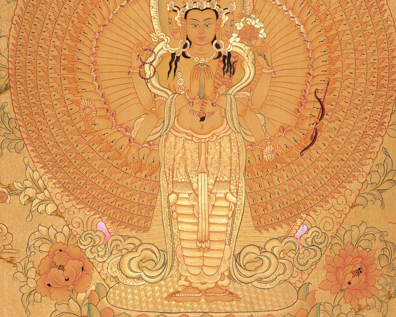 Genuine 24K Full Gold Lokeshvara Thangka Painting | 1000 Armed Avalokiteshvara | Tibetan Wall Decoration | Arts For House and Office Decor