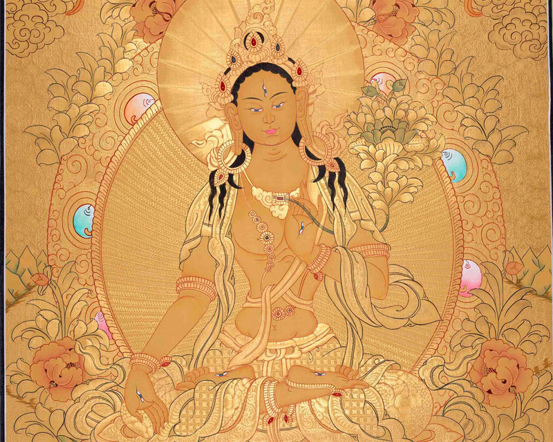 Beautifully Full Gold White Tara Thangka | Goddess Of Compassion and Healing |