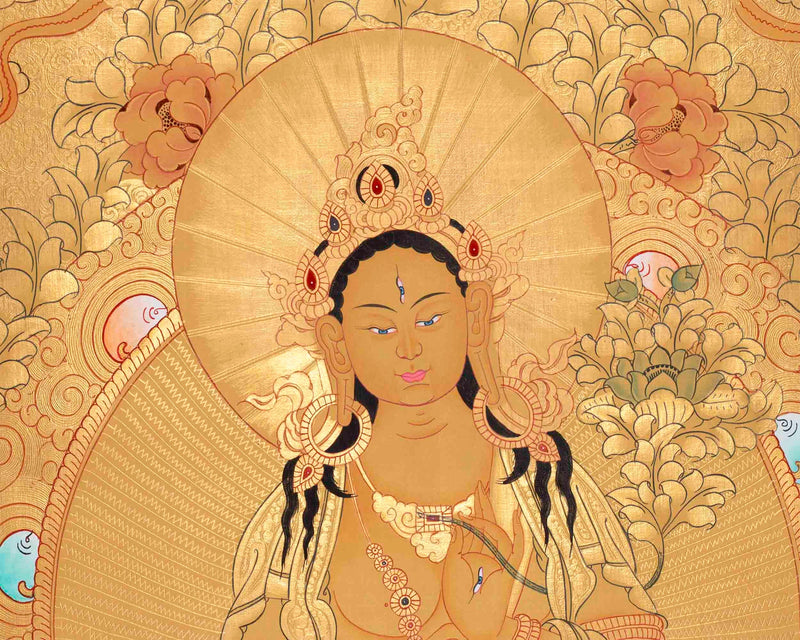 Beautifully Full Gold White Tara Thangka | Goddess Of Compassion and Healing |