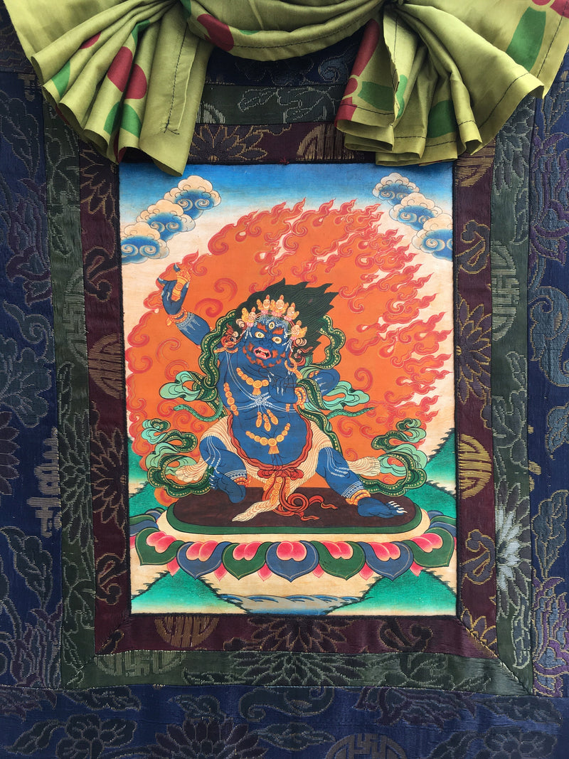 Vintage Vajrapani Thangka Painting With Traditional Silk Brocade | Vintage Thangka | Tibetan Wall Decor |