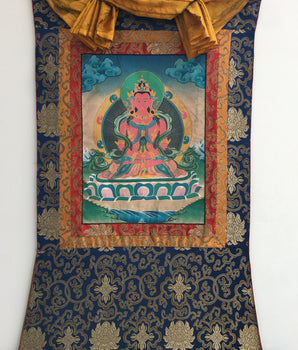 Vintage Amitayus Buddha Thangka |Brocade Mounted Tibetan Thangka | Spiritual Gift