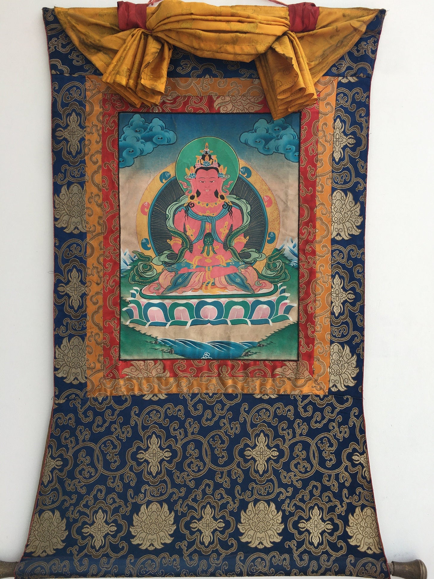 Vintage Amitayus Buddha Thangka |Brocade Mounted Tibetan Thangka | Spiritual Gift