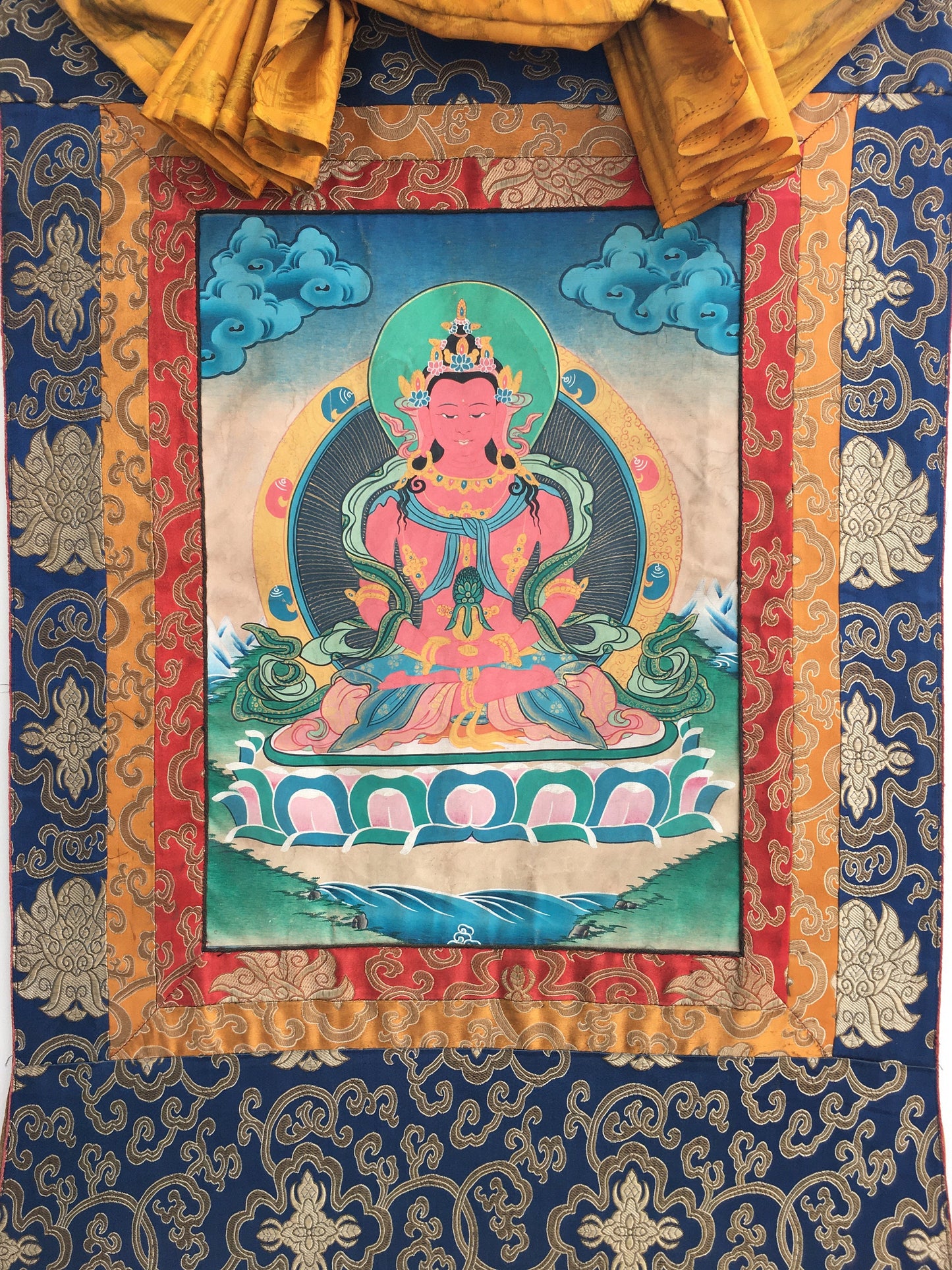 Vintage Amitayus Buddha Thangka |Brocade Mounted Tibetan Thangka | Spiritual Gift