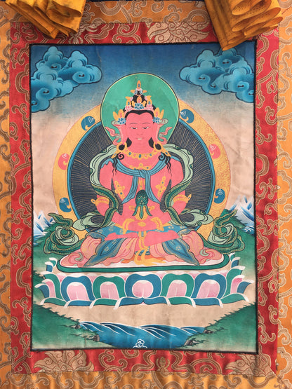 Vintage Amitayus Buddha Thangka |Brocade Mounted Tibetan Thangka | Spiritual Gift