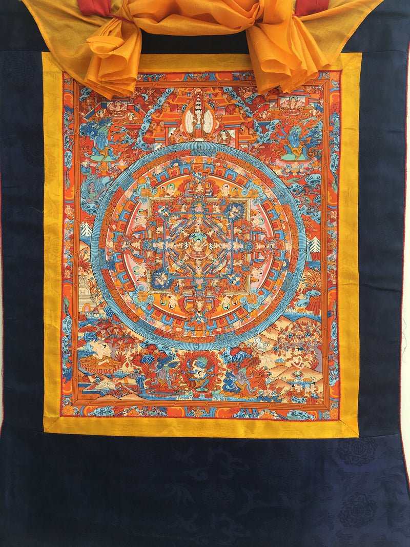 Brocade Mounted Buddha Mandala | Tibetan Thangka Painting | Wall Art