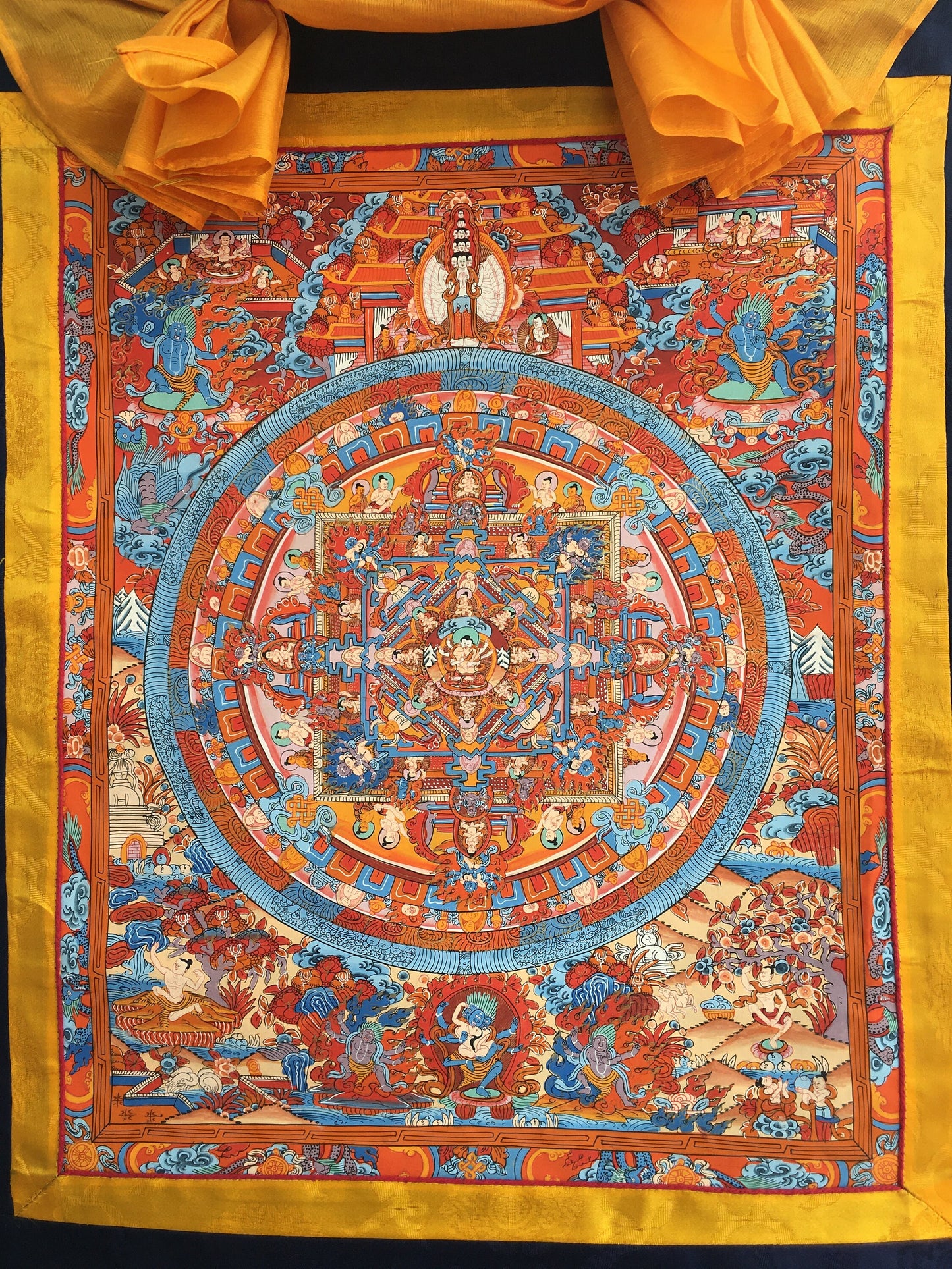 Brocade Mounted Buddha Mandala | Tibetan Thangka Painting | Wall Art