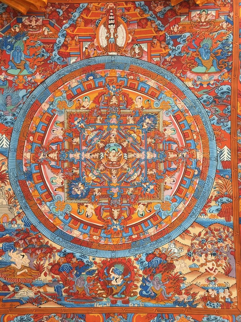 Brocade Mounted Buddha Mandala | Tibetan Thangka Painting | Wall Art