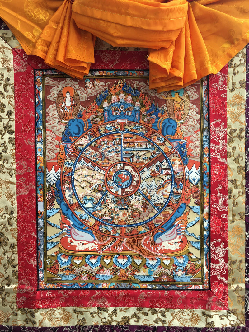 Original Hand-Painted Wheel of Life Thangka With Brocade | Samsara