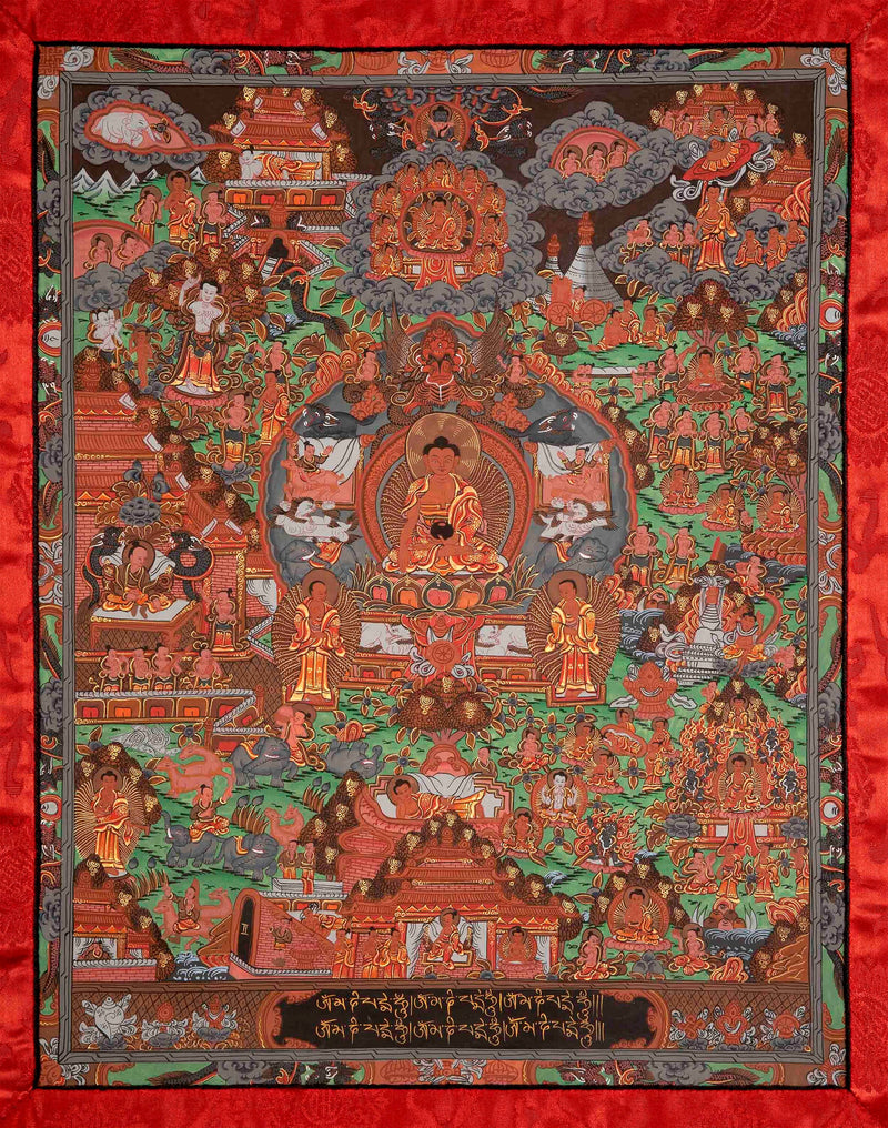 Hand-Painted Buddha Life Story Thangka with Brocade Frame | Tibetan Thangka Painting |