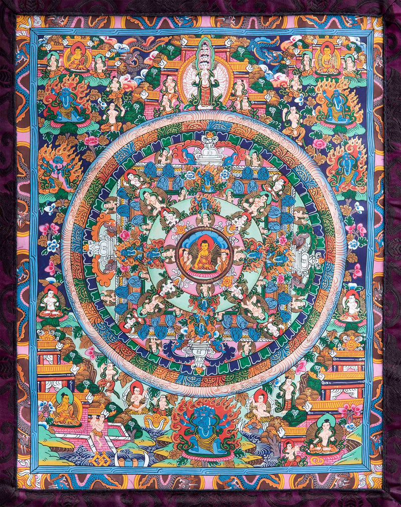 Shakyamuni Buddha Mandala Thangka With Blue Brocade | Avalokiteshvara on Top