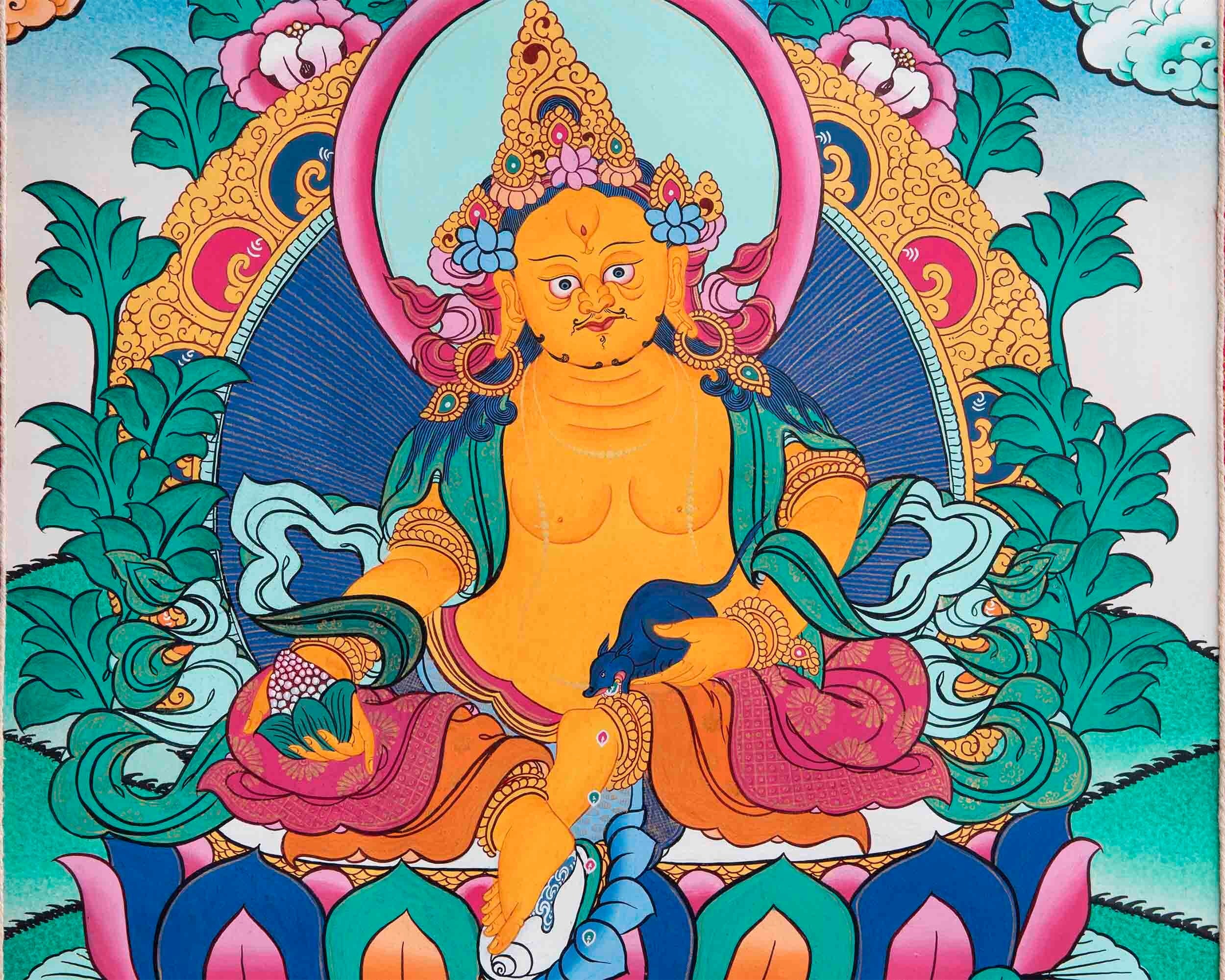 Original Brocaded Dzambala Thangka With Brocade | Tibetan Wall Hanging