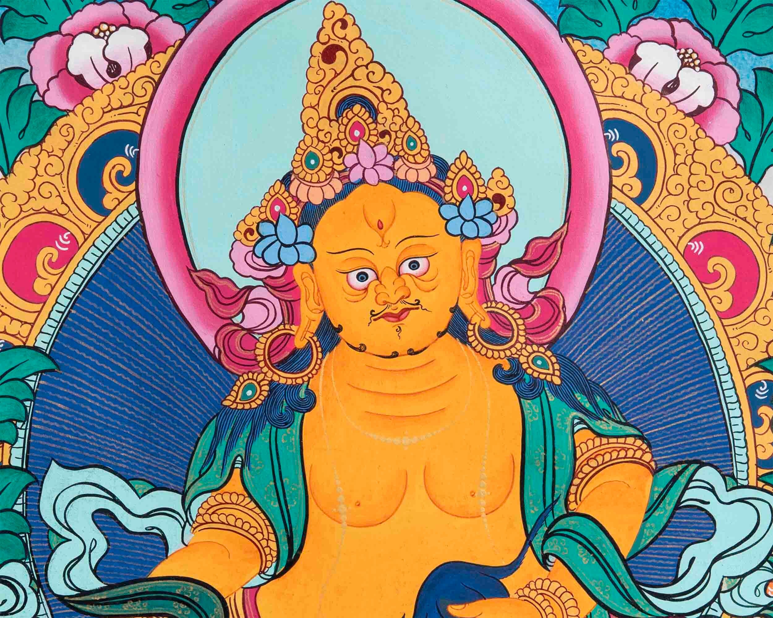 Original Brocaded Dzambala Thangka With Brocade | Tibetan Wall Hanging