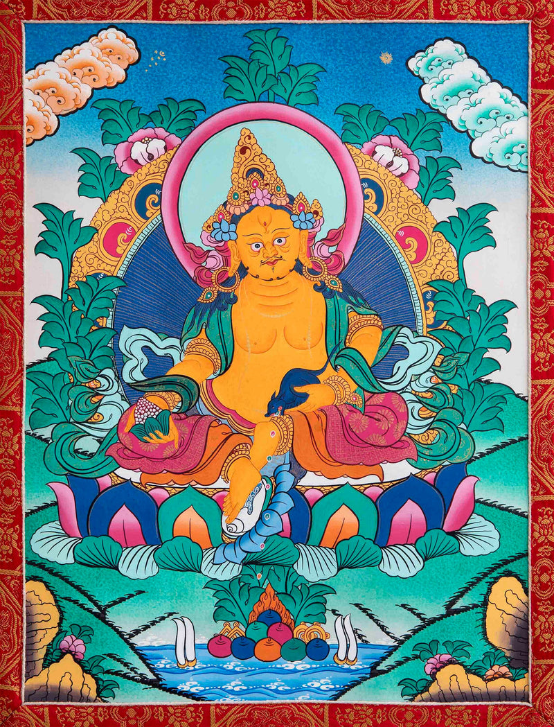 Original Brocaded Dzambala Thangka With Brocade | Tibetan Wall Hanging