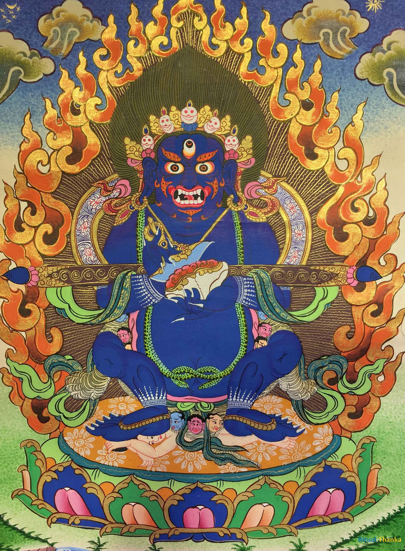 Sakya Mahakala Painting With Blue Brocade | Hand-Painted in Nepal